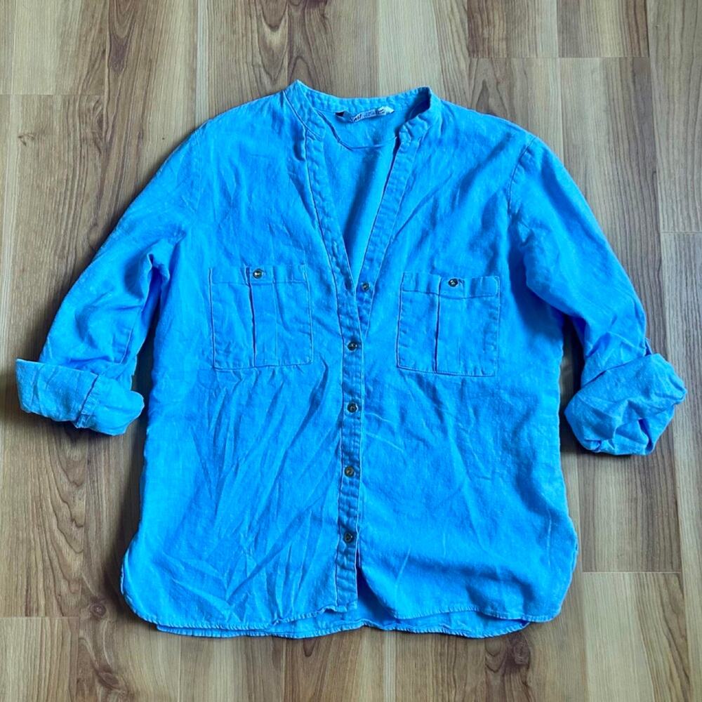 Zara blue linen button up shirt